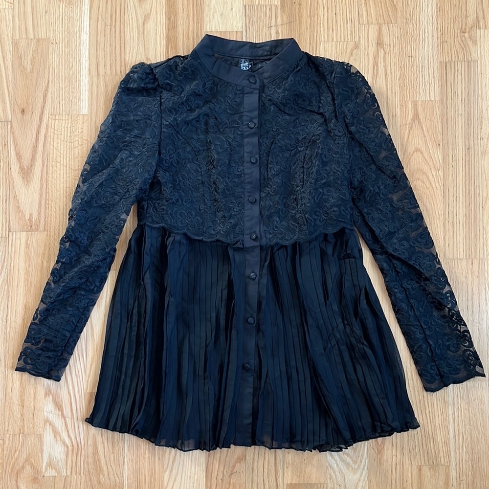 MIAOMIAO Japanese Goth Lolita Victorian Sheer Lace & Chiffon Blouse, Black XXS